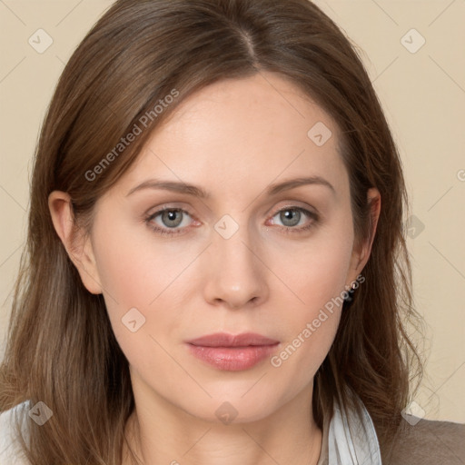 Neutral white young-adult female with medium  brown hair and grey eyes