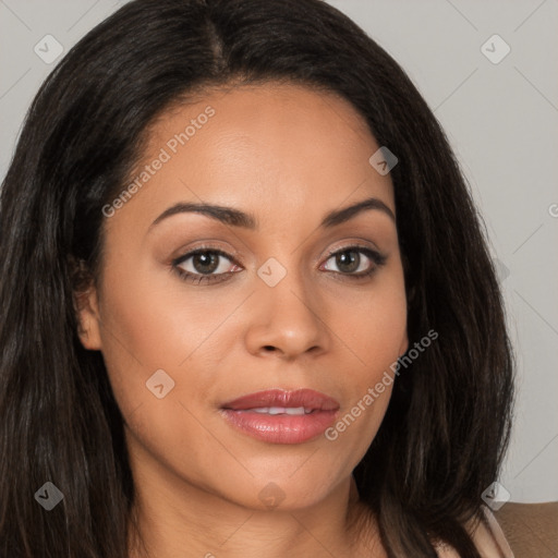 Joyful white young-adult female with long  brown hair and brown eyes