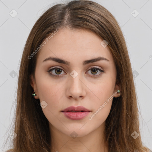 Neutral white young-adult female with long  brown hair and brown eyes