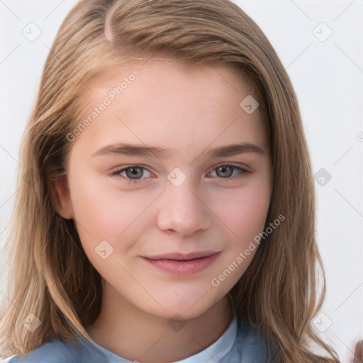 Joyful white child female with long  brown hair and brown eyes