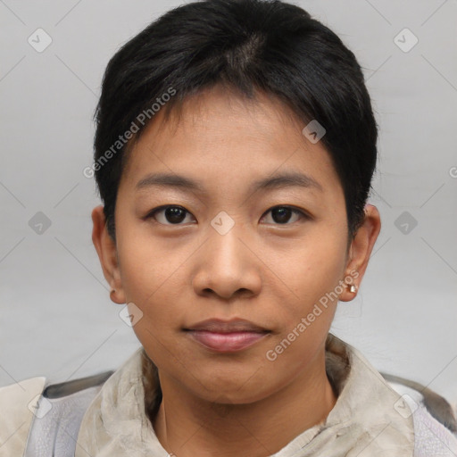Neutral asian young-adult female with short  brown hair and brown eyes