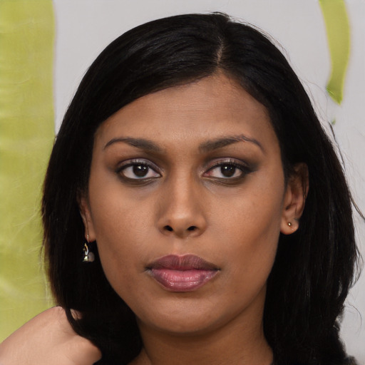 Neutral asian young-adult female with long  black hair and brown eyes