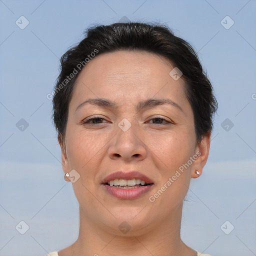 Joyful white adult female with short  brown hair and brown eyes