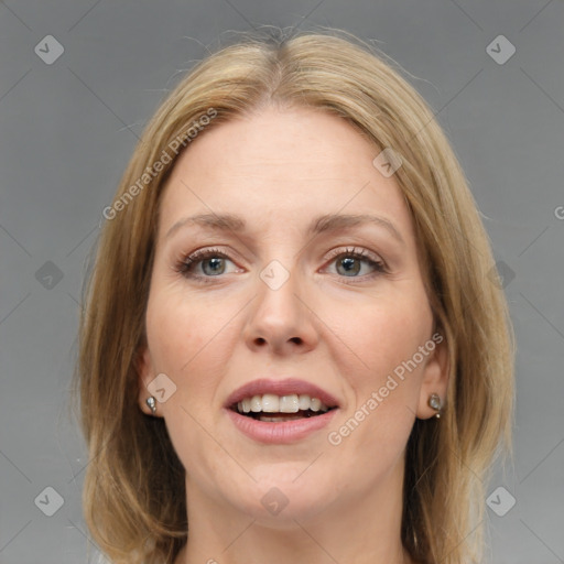 Joyful white young-adult female with medium  brown hair and blue eyes