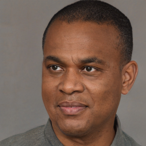 Joyful black adult male with short  brown hair and brown eyes
