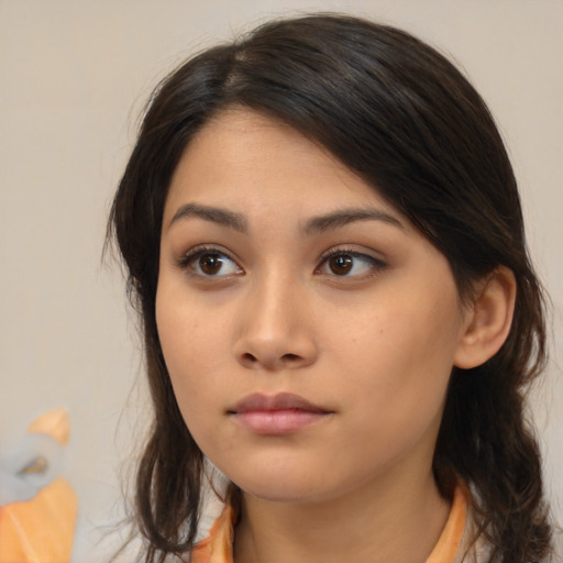 Neutral asian young-adult female with medium  brown hair and brown eyes