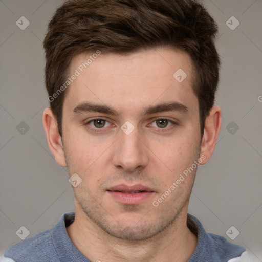 Neutral white young-adult male with short  brown hair and grey eyes