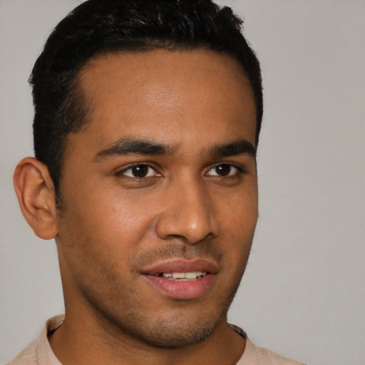 Neutral latino young-adult male with short  black hair and brown eyes