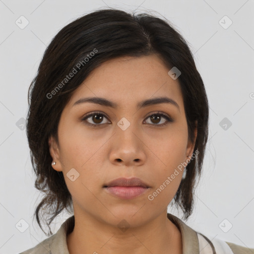 Neutral asian young-adult female with medium  brown hair and brown eyes