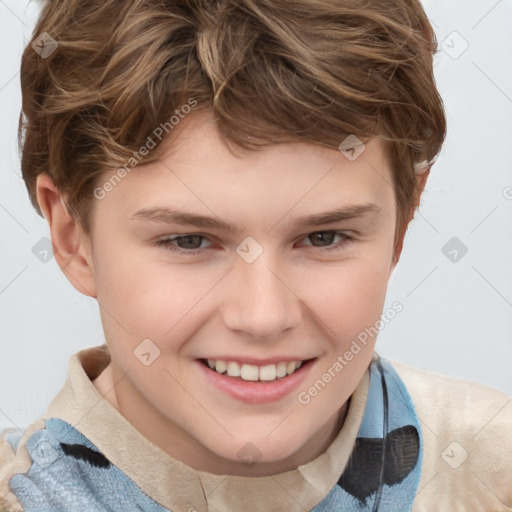 Joyful white child male with short  brown hair and brown eyes