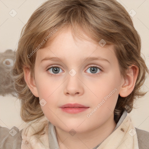 Neutral white child female with medium  brown hair and blue eyes