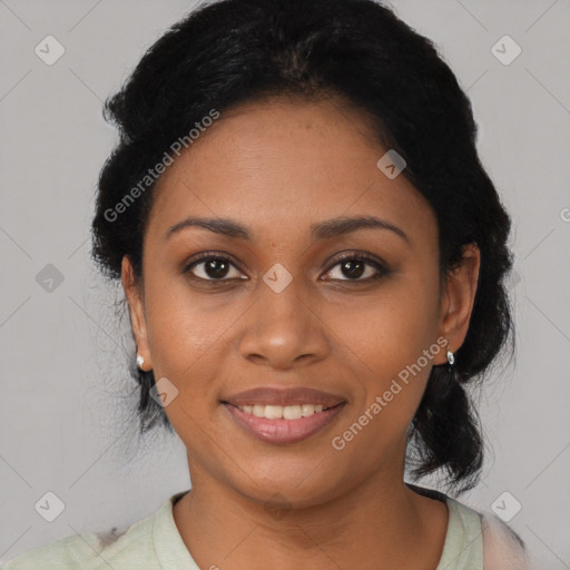 Joyful black young-adult female with medium  black hair and brown eyes