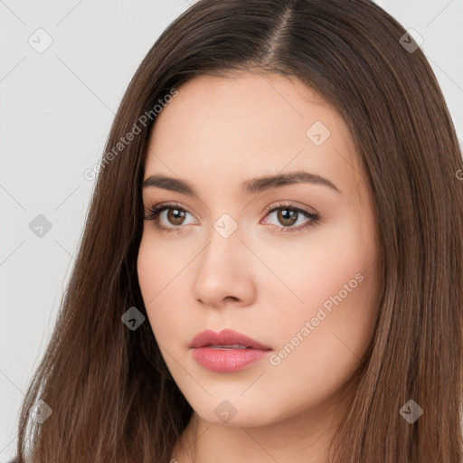 Neutral white young-adult female with long  brown hair and brown eyes