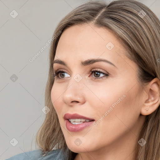 Neutral white young-adult female with long  brown hair and brown eyes