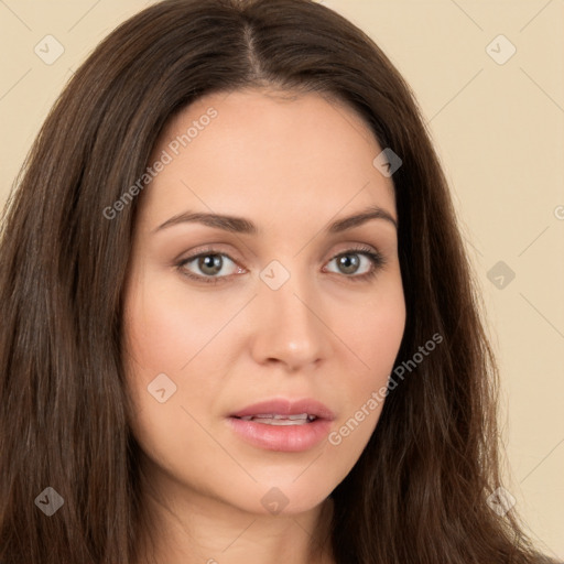 Neutral white young-adult female with long  brown hair and brown eyes