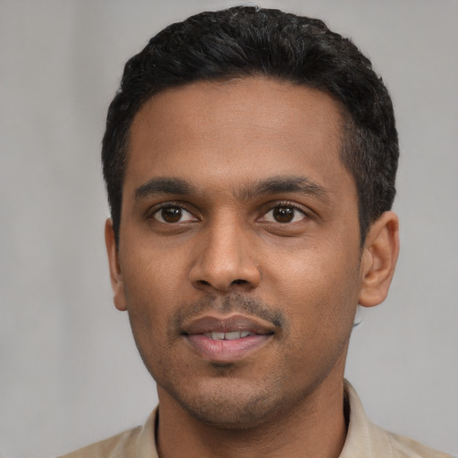 Neutral latino young-adult male with short  black hair and brown eyes