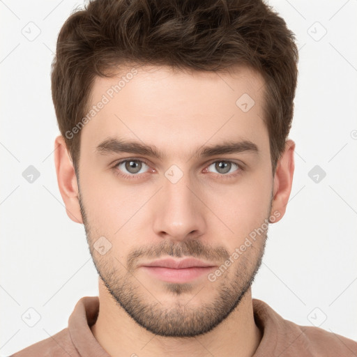 Neutral white young-adult male with short  brown hair and brown eyes