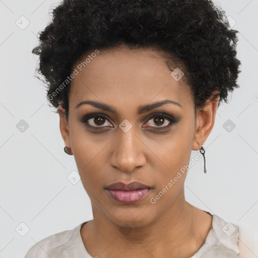 Neutral black young-adult female with short  black hair and brown eyes