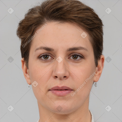 Joyful white adult female with short  brown hair and brown eyes