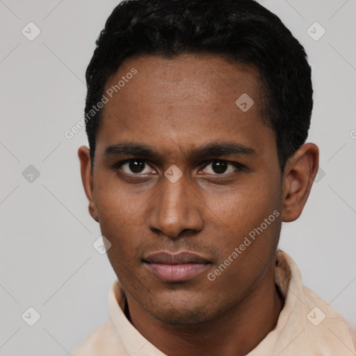 Neutral latino young-adult male with short  black hair and brown eyes