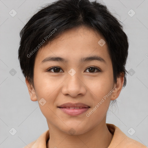 Joyful asian young-adult female with short  brown hair and brown eyes