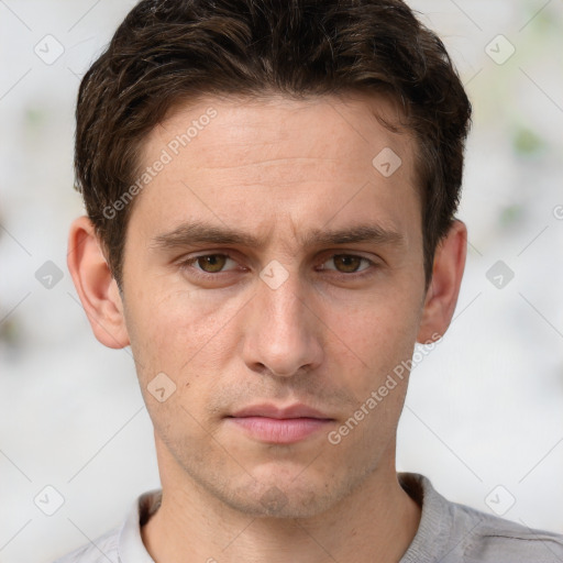 Neutral white young-adult male with short  brown hair and grey eyes