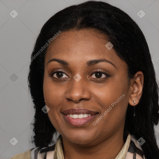 Joyful black young-adult female with medium  black hair and brown eyes