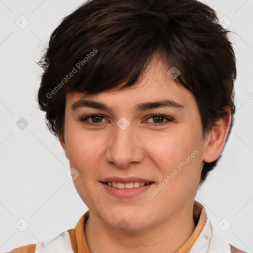 Joyful white young-adult female with medium  brown hair and brown eyes