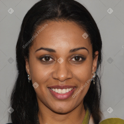 Joyful latino young-adult female with medium  brown hair and brown eyes