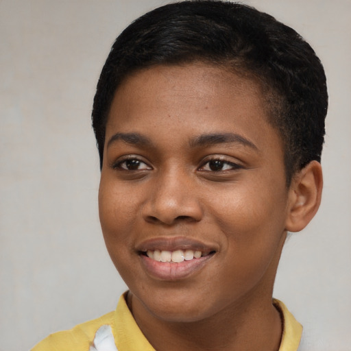 Joyful latino young-adult female with short  black hair and brown eyes