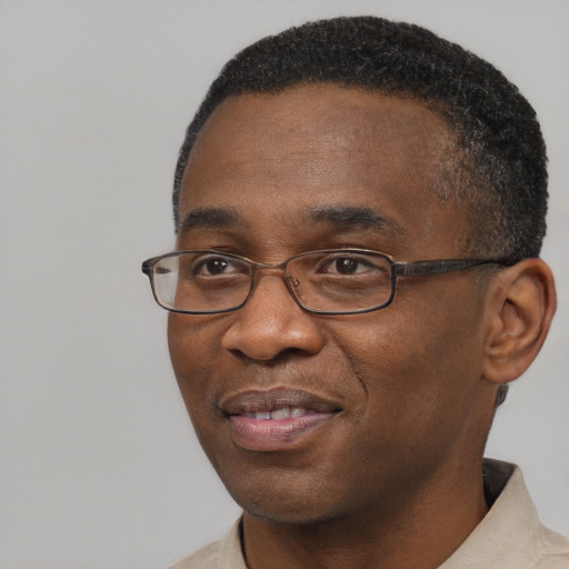 Joyful black young-adult male with short  brown hair and brown eyes