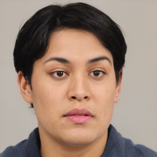 Neutral asian young-adult female with short  black hair and brown eyes