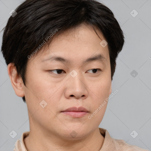 Neutral asian young-adult male with short  brown hair and brown eyes