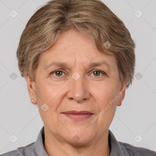 Joyful white middle-aged female with short  brown hair and brown eyes