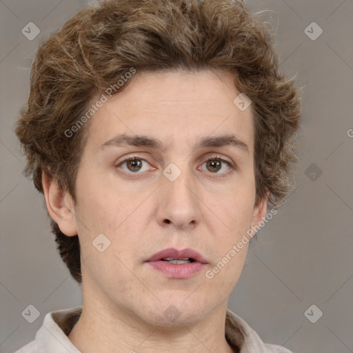 Neutral white young-adult male with short  brown hair and grey eyes