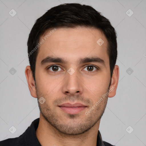 Neutral white young-adult male with short  brown hair and brown eyes