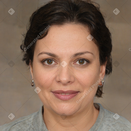 Joyful white adult female with short  brown hair and brown eyes