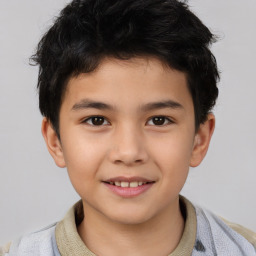 Joyful asian child male with short  brown hair and brown eyes