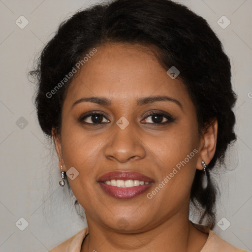 Joyful black young-adult female with medium  brown hair and brown eyes