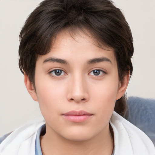 Neutral white young-adult female with short  brown hair and brown eyes