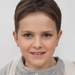 Joyful white child female with short  brown hair and brown eyes