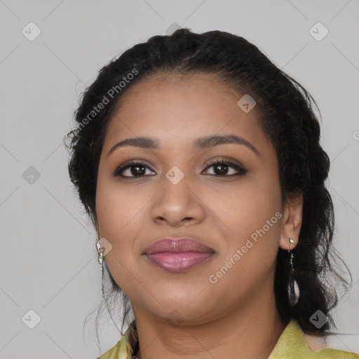 Joyful latino young-adult female with medium  black hair and brown eyes