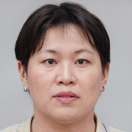 Joyful asian adult female with short  brown hair and brown eyes