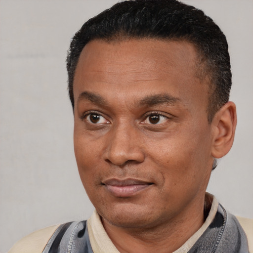 Joyful latino adult male with short  black hair and brown eyes