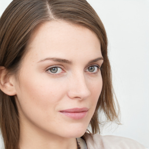 Neutral white young-adult female with long  brown hair and grey eyes