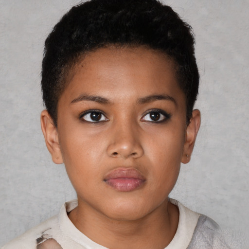 Neutral black young-adult female with short  brown hair and brown eyes
