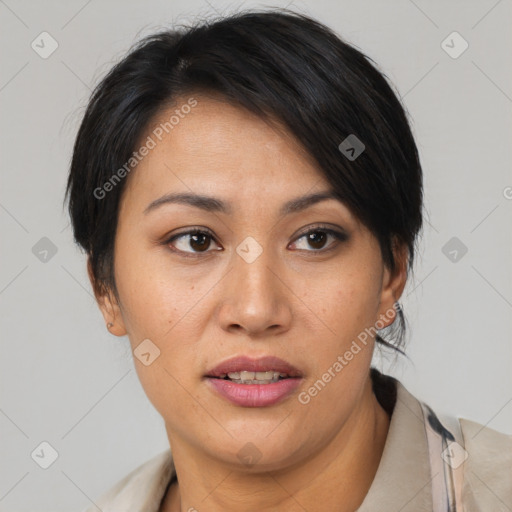 Joyful asian young-adult female with short  black hair and brown eyes