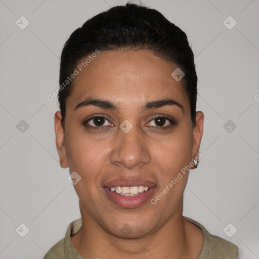 Joyful latino young-adult female with short  black hair and brown eyes