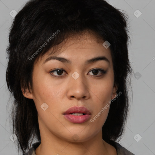 Neutral asian young-adult female with medium  brown hair and brown eyes