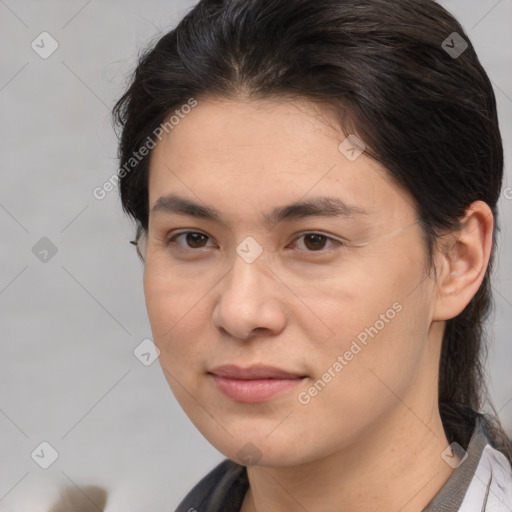 Joyful white adult female with medium  brown hair and brown eyes